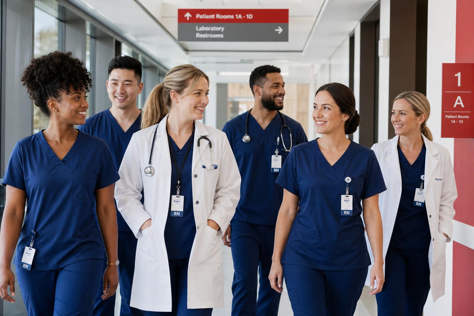 Healthcare team in a modern hospital corridor